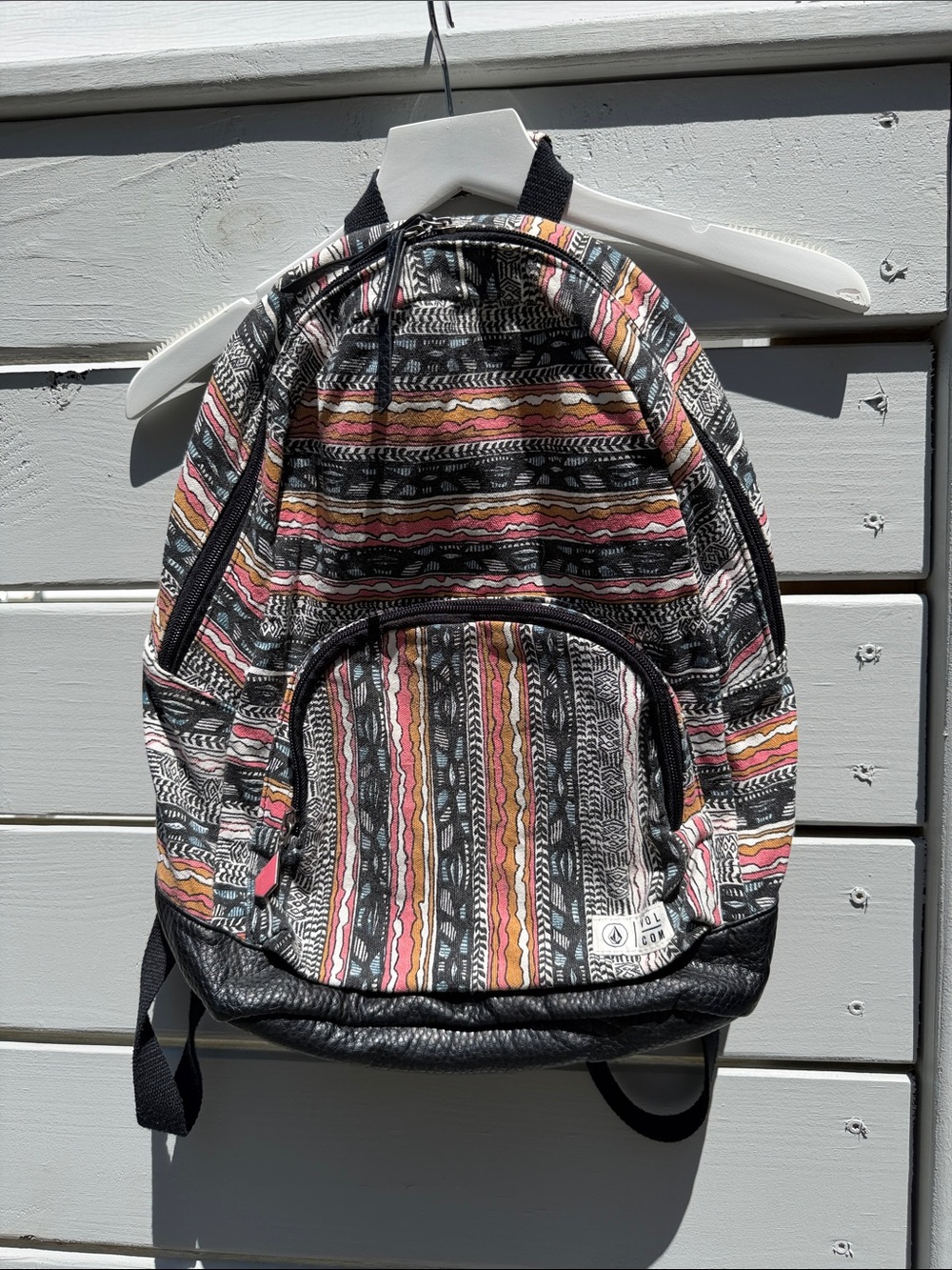 Volcom Multicolor Striped Pattern Backpack - Black Faux LeatherTrim